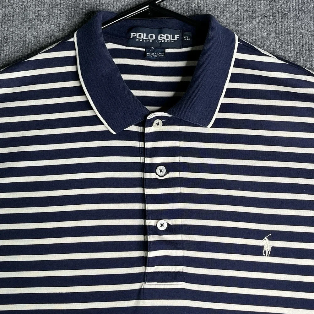 Vintage Polo Golf Ralph Lauren Polo Shirt Mens XL Blue Striped Embroidered Logo‎
